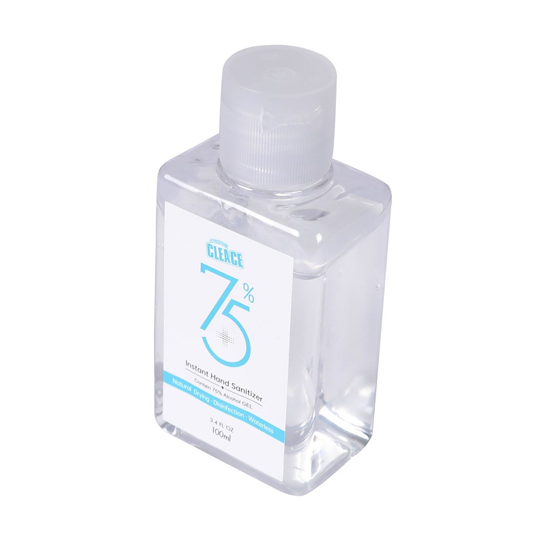 Cleace 10x Hand Sanitiser Gel 100ml bottle with 75% alcohol, transparent liquid, and moisturizing glycerin essence.