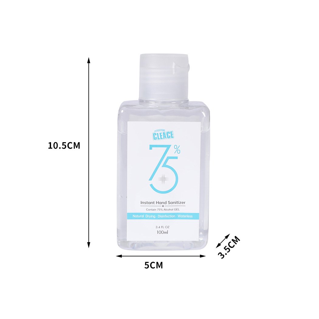 Cleace 10x Hand Sanitiser Gel 100ml bottle with 75% alcohol, transparent liquid, and moisturizing glycerin essence.