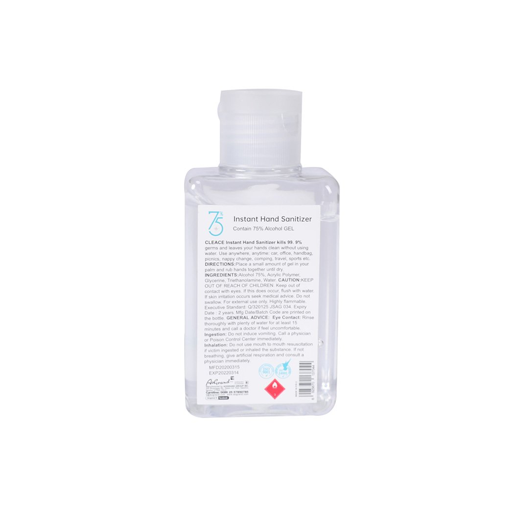 Cleace 10x Hand Sanitiser Gel 100ml bottle with 75% alcohol, transparent liquid, and moisturizing glycerin essence.