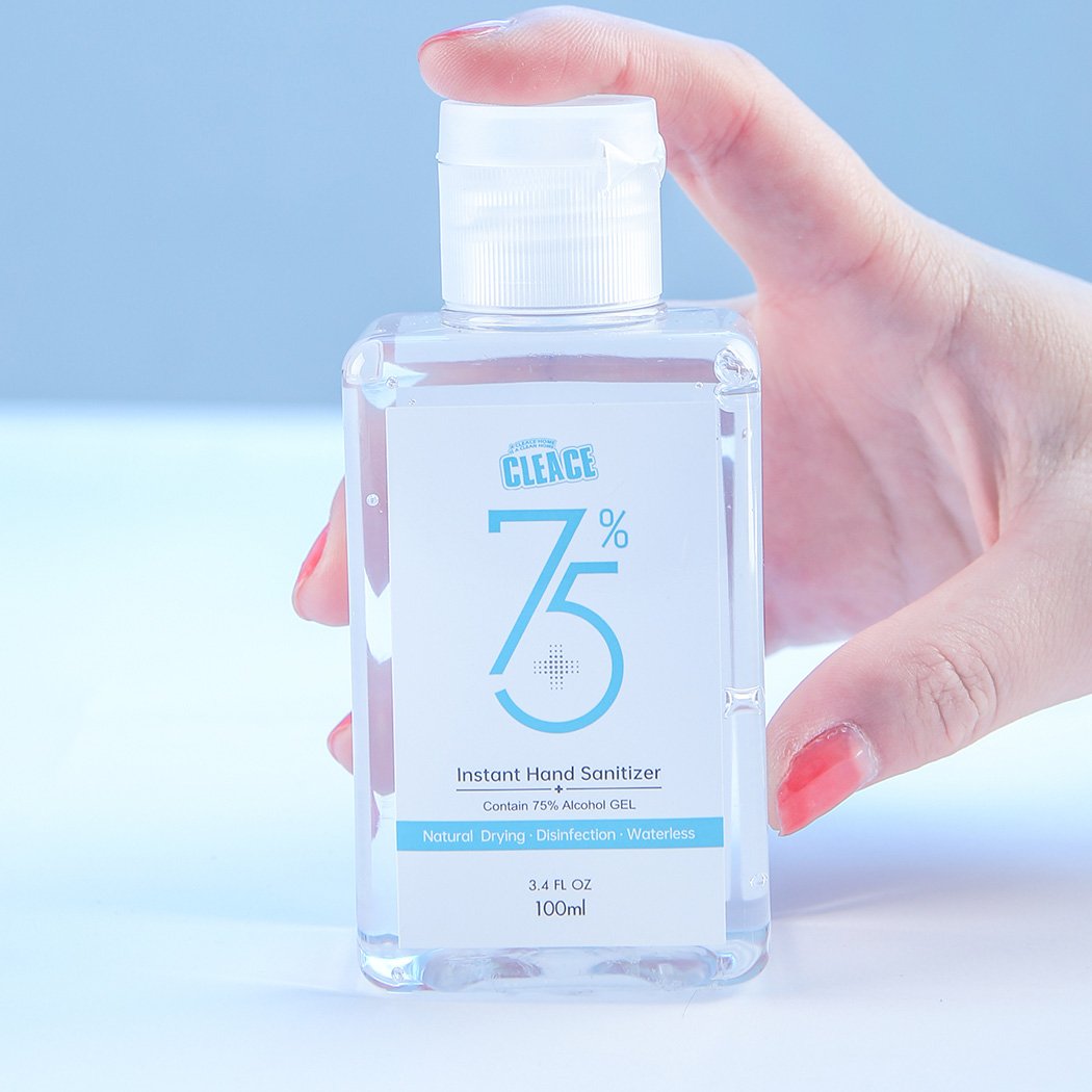 Cleace 10x Hand Sanitiser Gel 100ml bottle with 75% alcohol, transparent liquid, and moisturizing glycerin essence.