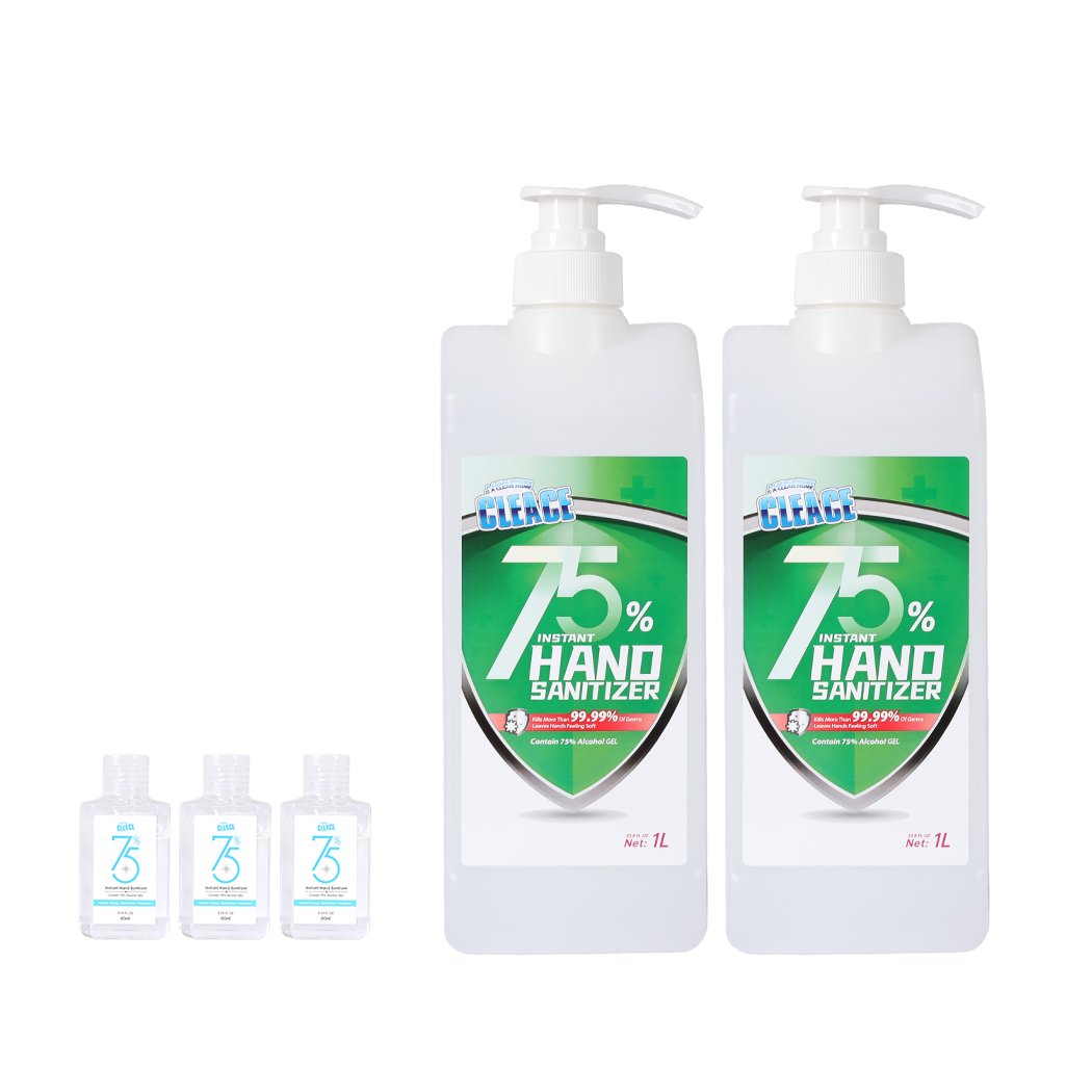 Cleace 2x Hand Sanitiser Instant Gel Wash bottles, showcasing 75% alcohol content and moisturizing properties.