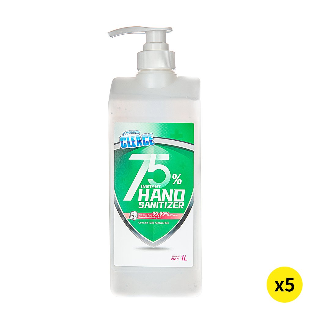 Cleace 5x Hand Sanitiser Instant Gel Wash 1000ML bottle with 75% alcohol content, designed for effective germ elimination and skin hydration.