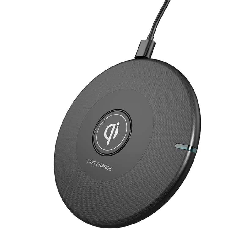 Cleanskin 10W Wireless Charge Pad in black, featuring a sleek design and Qi certification for safe wireless charging.