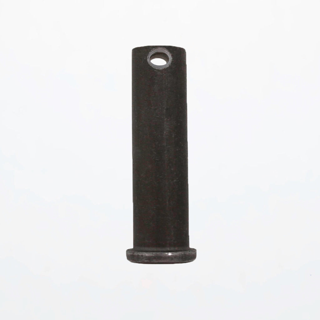 A Clevis Pin Plain Finish featuring a flat head and a hole for hitch pin R clip, used for securing agricultural and industrial equipment.