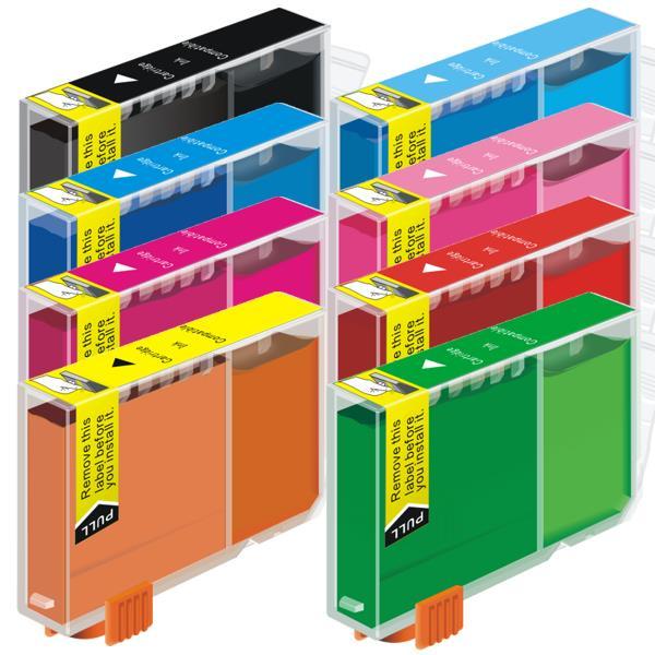 CLI-8 compatible inkjet cartridge set featuring 8 vibrant colors including cyan, magenta, yellow, black, photo cyan, photo magenta, red, and green.