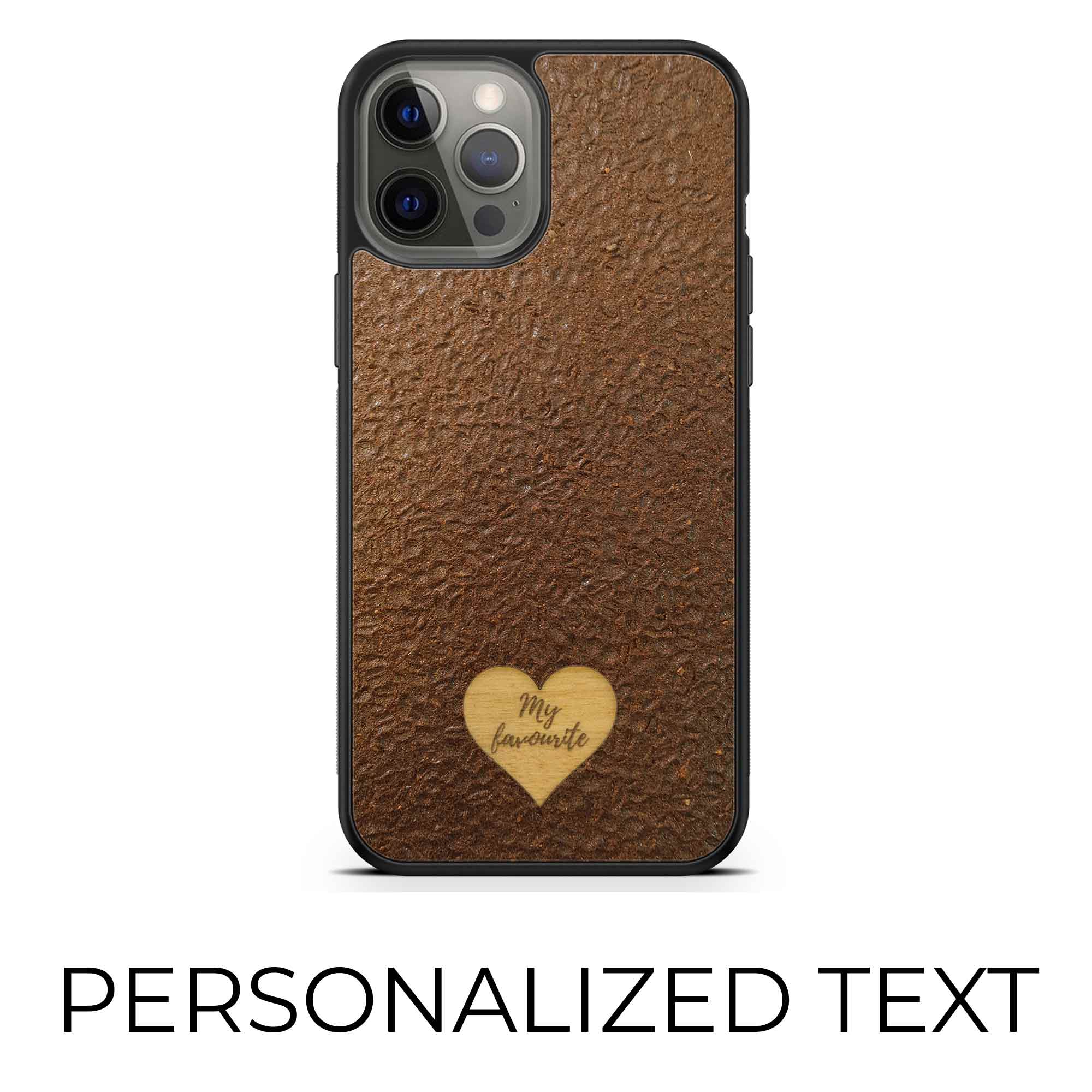 Personalized Coffee phone case featuring a wooden heart with custom text engraving, showcasing a unique and eco-friendly design.