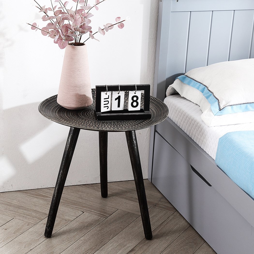 Antique storage side table with solid wood legs and composite wood top, featuring a sleek black finish and removable legs for easy storage.