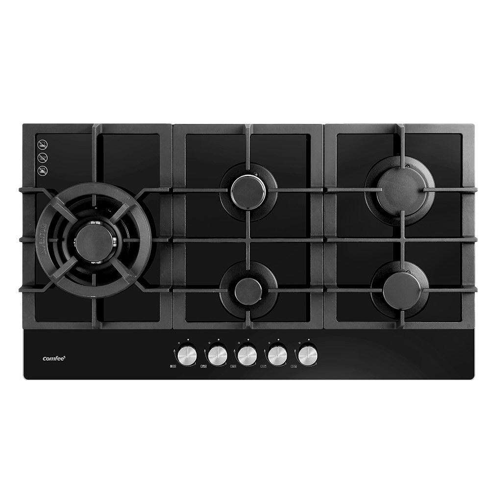 Comfee Gas Cooktop featuring 5 burners on a sleek black tempered glass surface with solid cast iron grates.