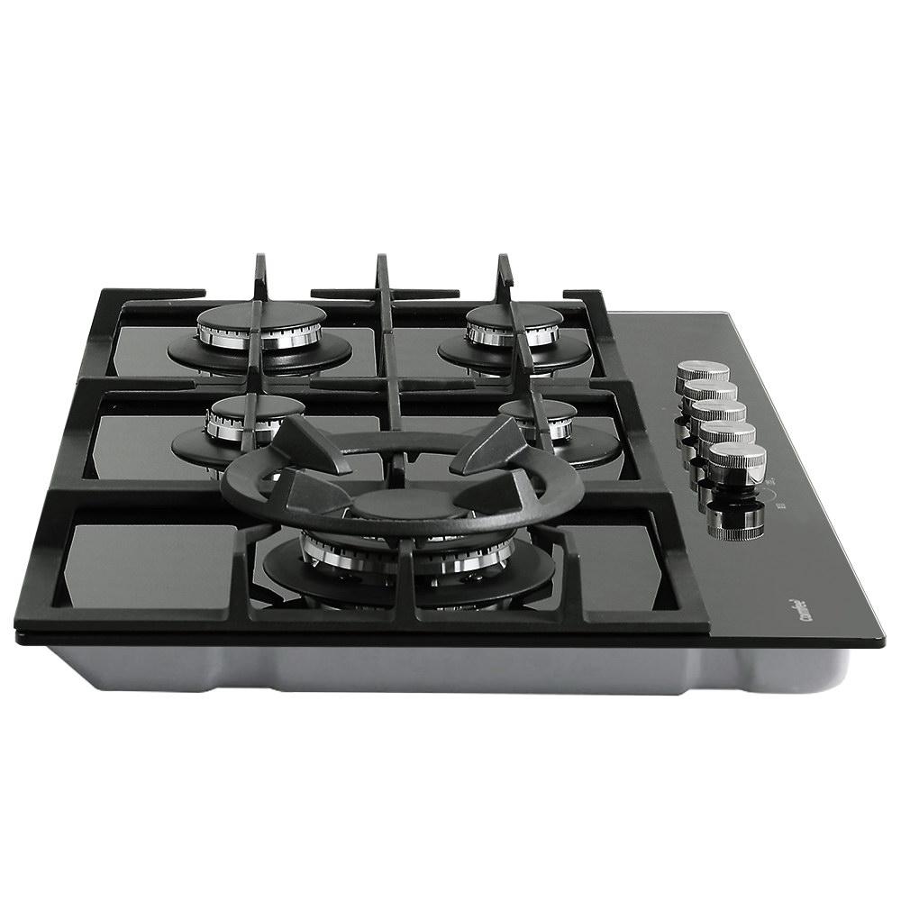 Comfee Gas Cooktop featuring 5 burners on a sleek black tempered glass surface with solid cast iron grates.