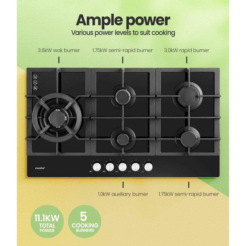 Comfee Gas Cooktop featuring 5 burners on a sleek black tempered glass surface with solid cast iron grates.