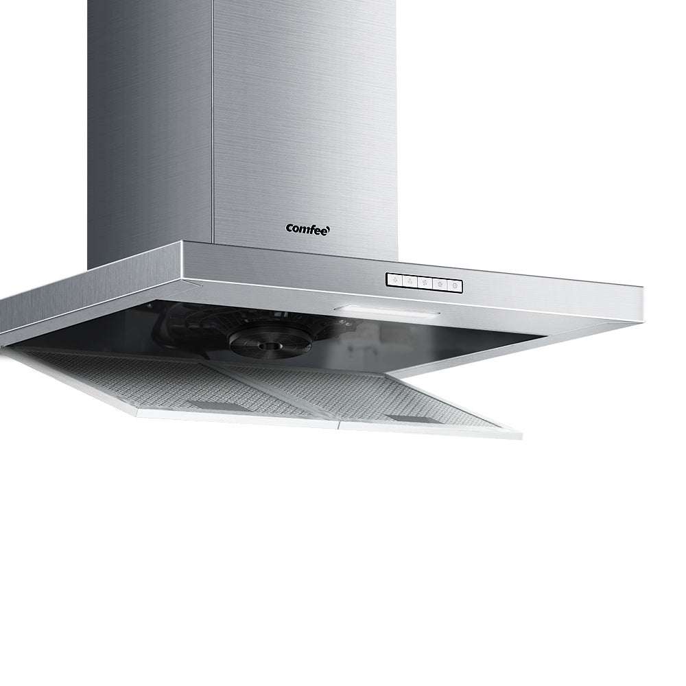 Comfee 600mm Stainless Steel Kitchen Canopy Rangehood with LED lights and adjustable chimney, showcasing its sleek design and modern features.