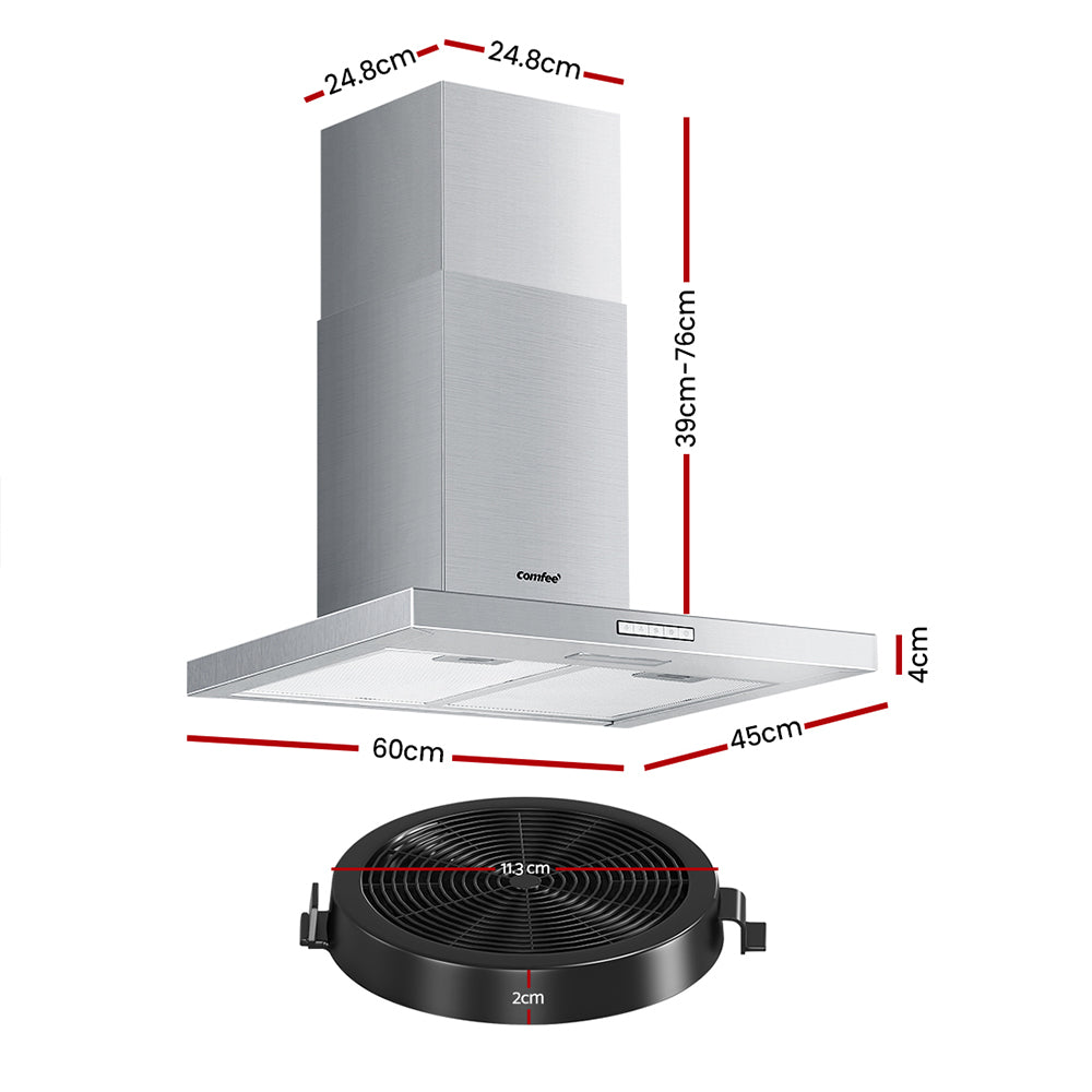 Comfee 600mm Stainless Steel Kitchen Canopy Rangehood with LED lights and adjustable chimney, showcasing its sleek design and modern features.