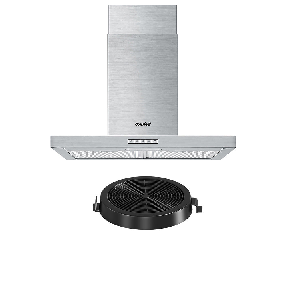 Comfee 600mm Stainless Steel Kitchen Canopy Rangehood with LED lights and adjustable chimney, showcasing its sleek design and modern features.