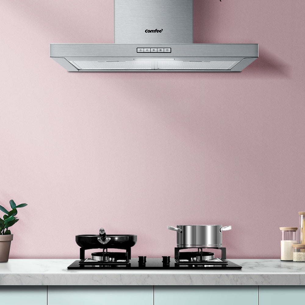 Comfee 600mm Stainless Steel Kitchen Canopy Rangehood with LED lights and adjustable chimney, showcasing its sleek design and modern features.