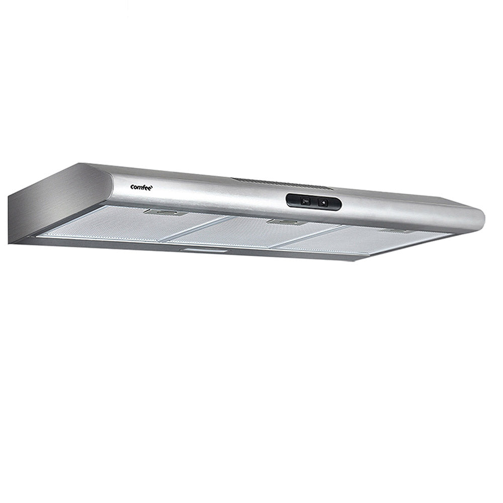 Comfee 900mm Stainless Steel Rangehood with LED lights and grease filter, designed for efficient kitchen ventilation.