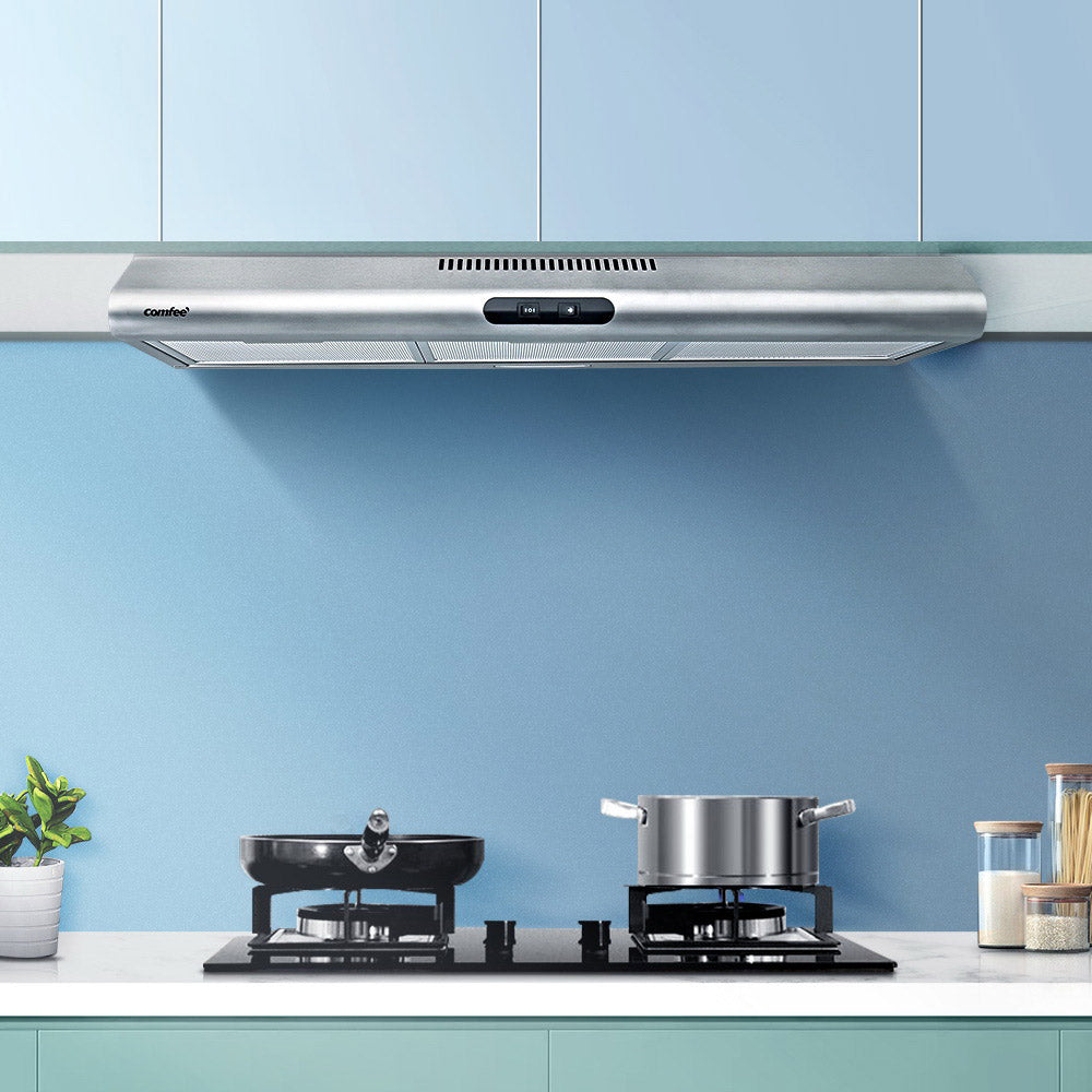 Comfee 900mm Stainless Steel Rangehood with LED lights and grease filter, designed for efficient kitchen ventilation.