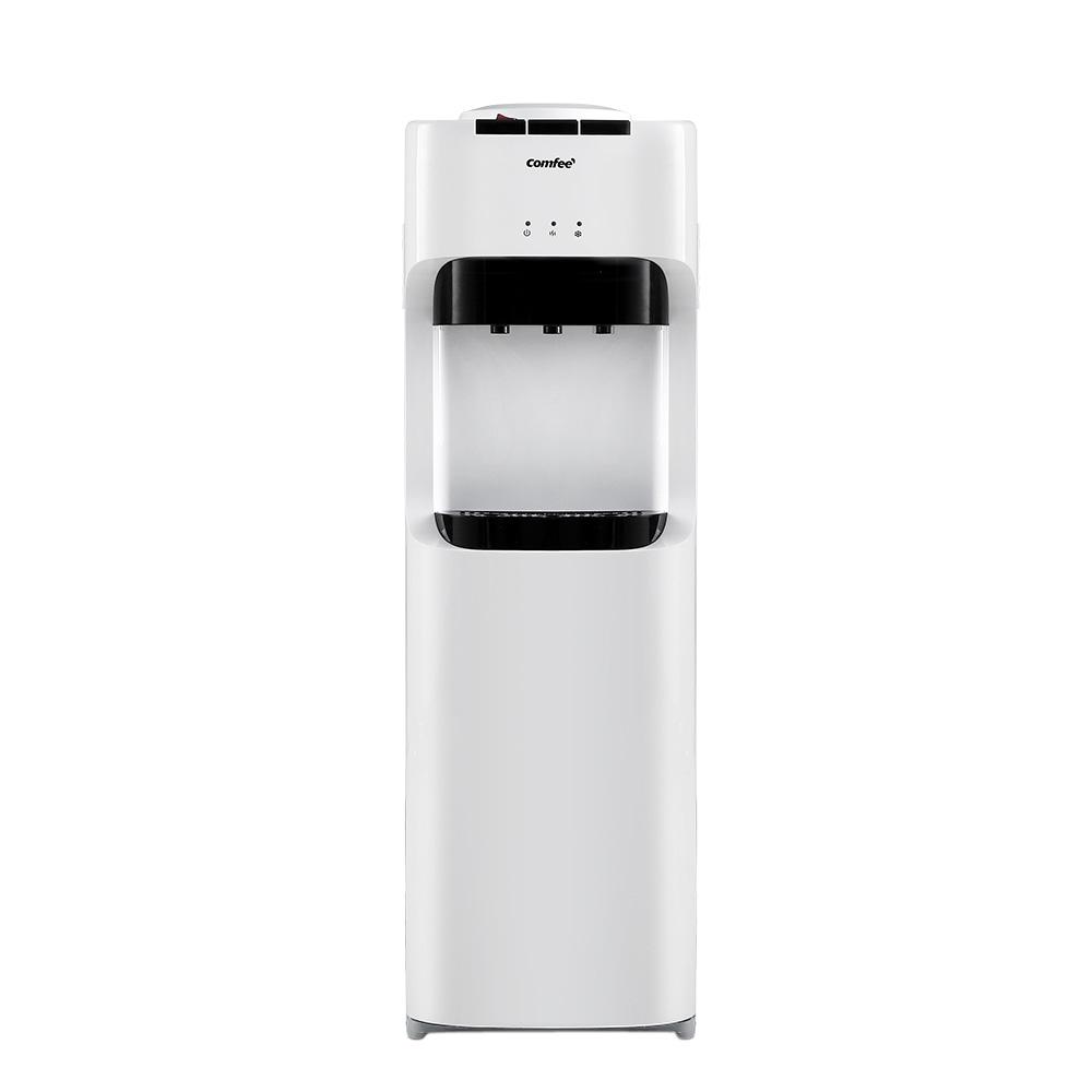 Comfee Water Dispenser Cooler with hot and cold taps, featuring a sleek white and black design, LED indicators, and a removable drip tray.