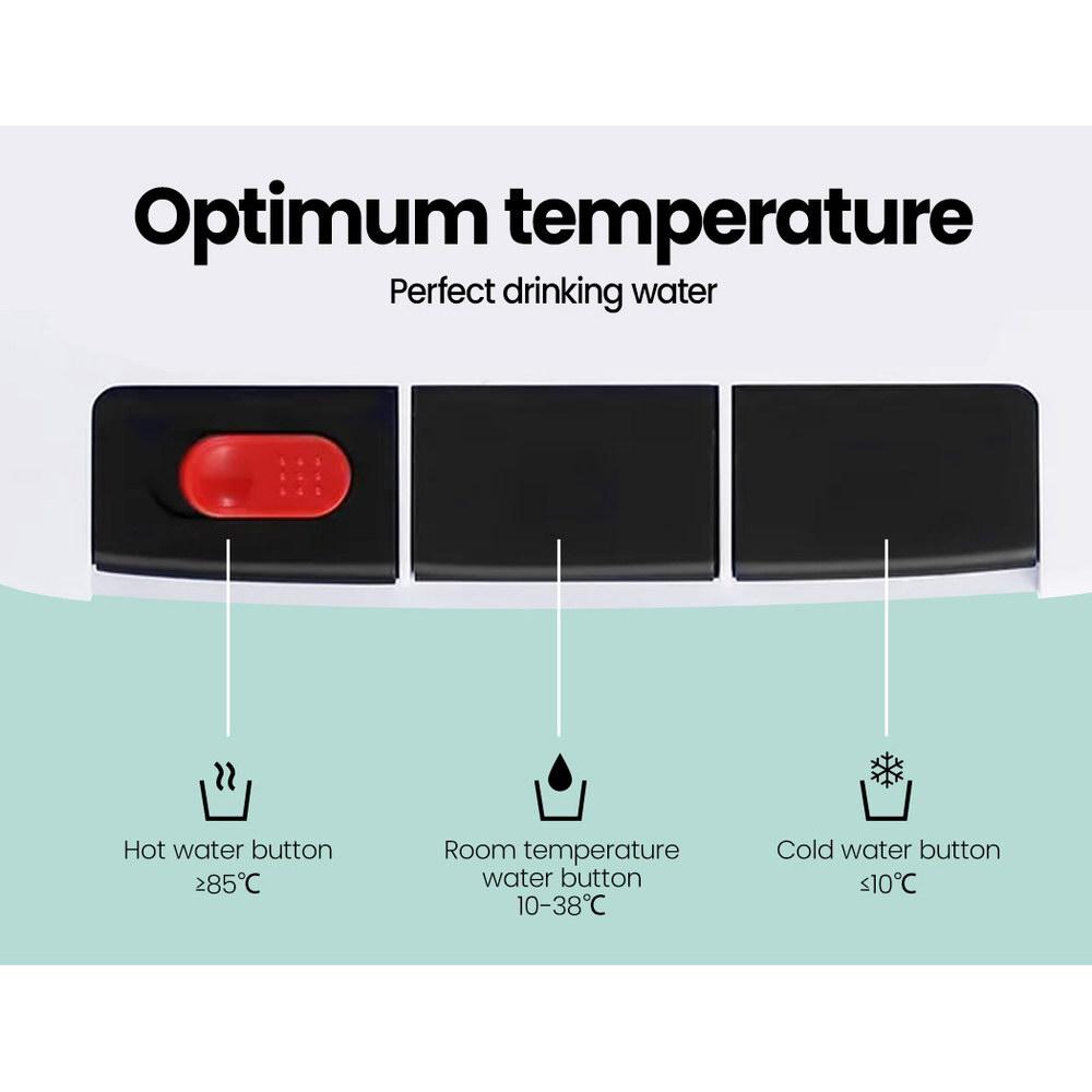 Comfee Water Dispenser Cooler with hot and cold taps, featuring a sleek white and black design, LED indicators, and a removable drip tray.