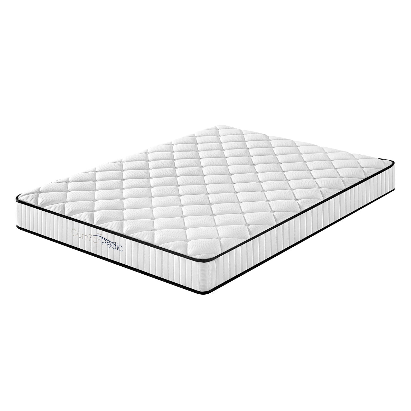 Comforpedic Mattress featuring 5-zone design, medium support foam, and bonnell spring construction, with a cool-touch quilted cover.