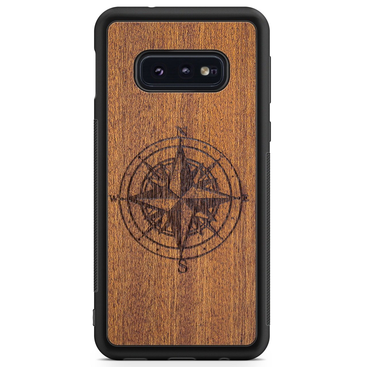 A beautifully crafted Mahogany wooden phone case, showcasing its unique grain and finish, held in a hand against a natural backdrop.