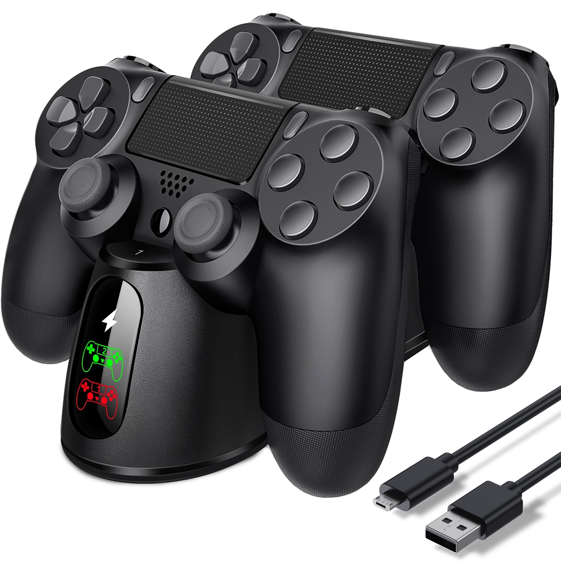 Dualsense Dock for PS4 charging station with two controllers, sleek design and LED indicator.