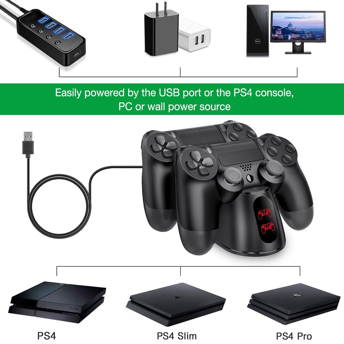 Dualsense Dock for PS4 charging station with two controllers, sleek design and LED indicator.