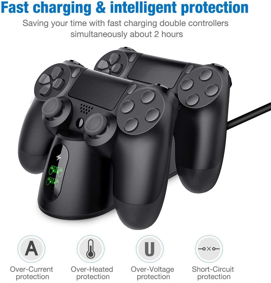 Dualsense Dock for PS4 charging station with two controllers, sleek design and LED indicator.