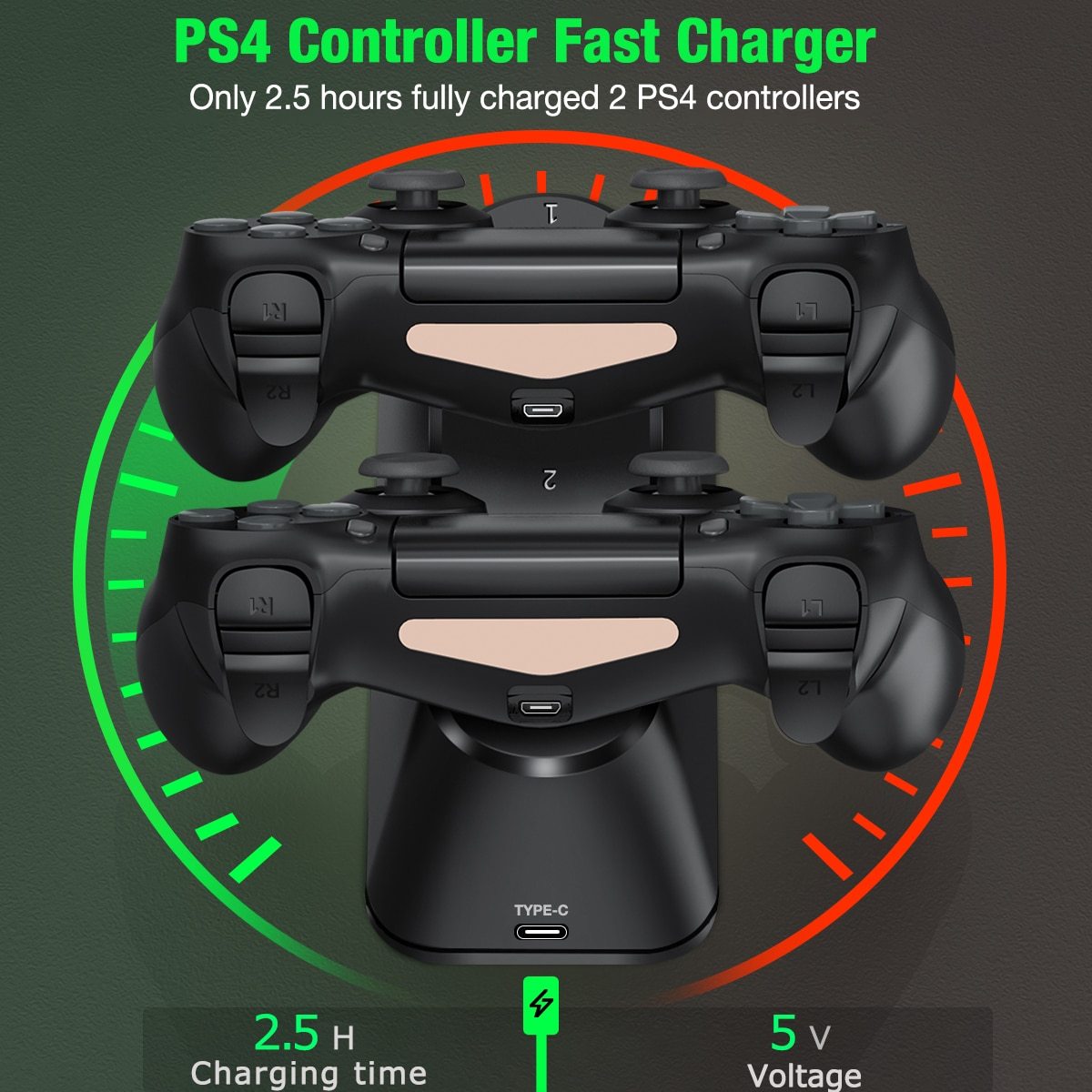 Dualsense Dock for PS4 charging station with two controllers, sleek design and LED indicator.