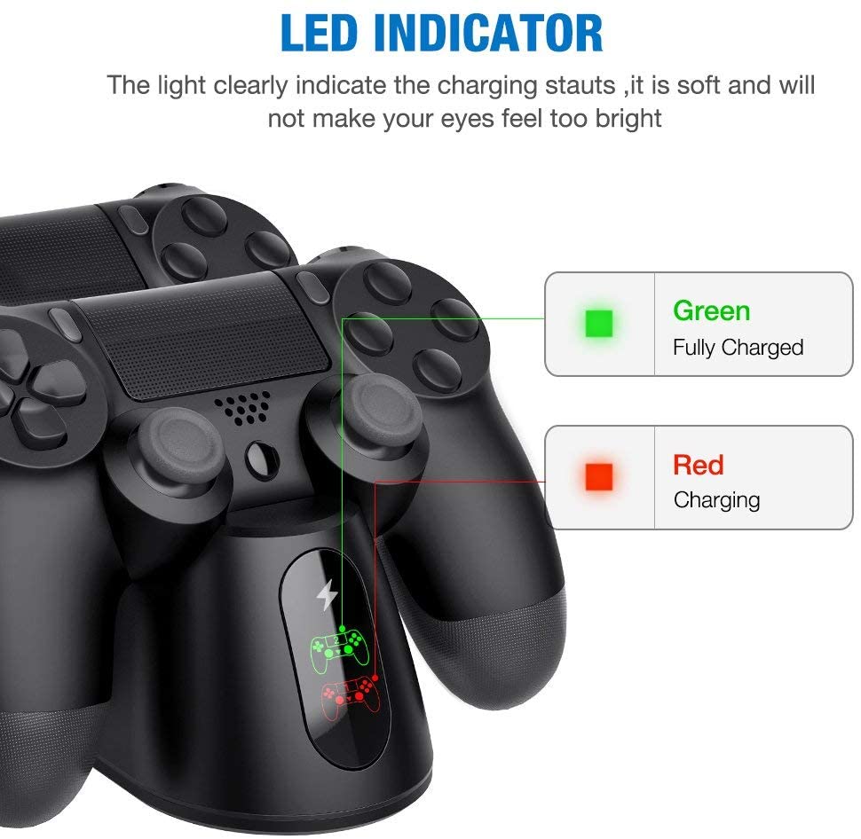 Dualsense Dock for PS4 charging station with two controllers, sleek design and LED indicator.