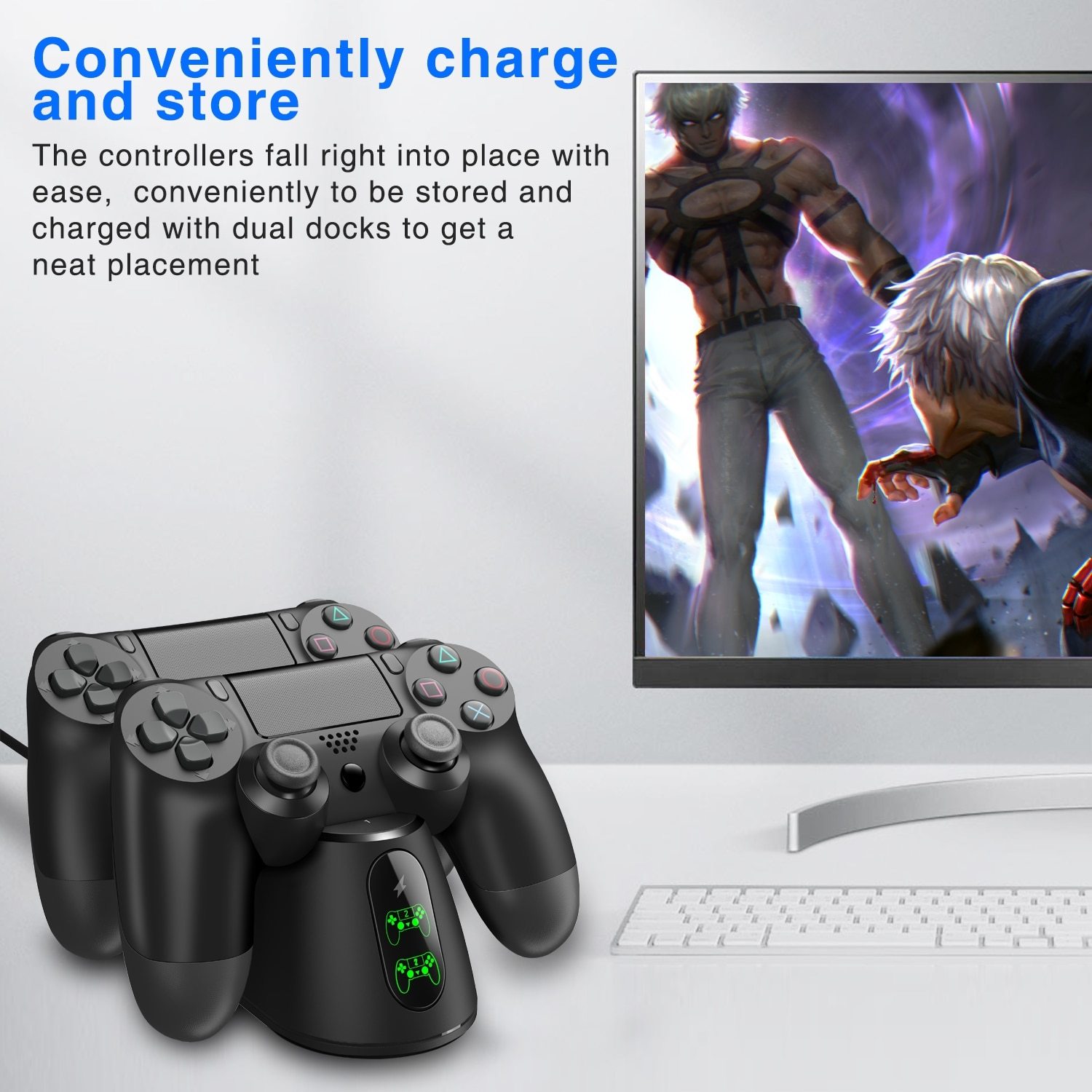 Dualsense Dock for PS4 charging station with two controllers, sleek design and LED indicator.