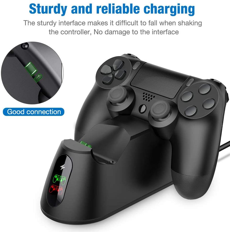 Dualsense Dock for PS4 charging station with two controllers, sleek design and LED indicator.