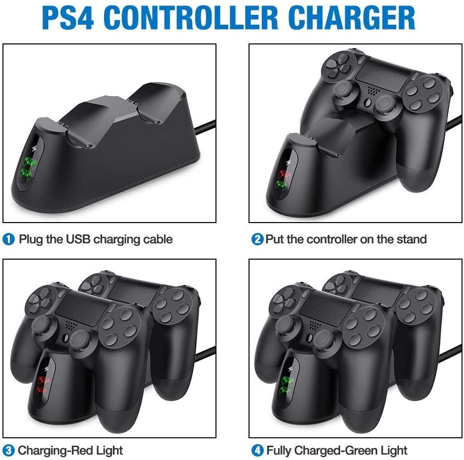 Dualsense Dock for PS4 charging station with two controllers, sleek design and LED indicator.