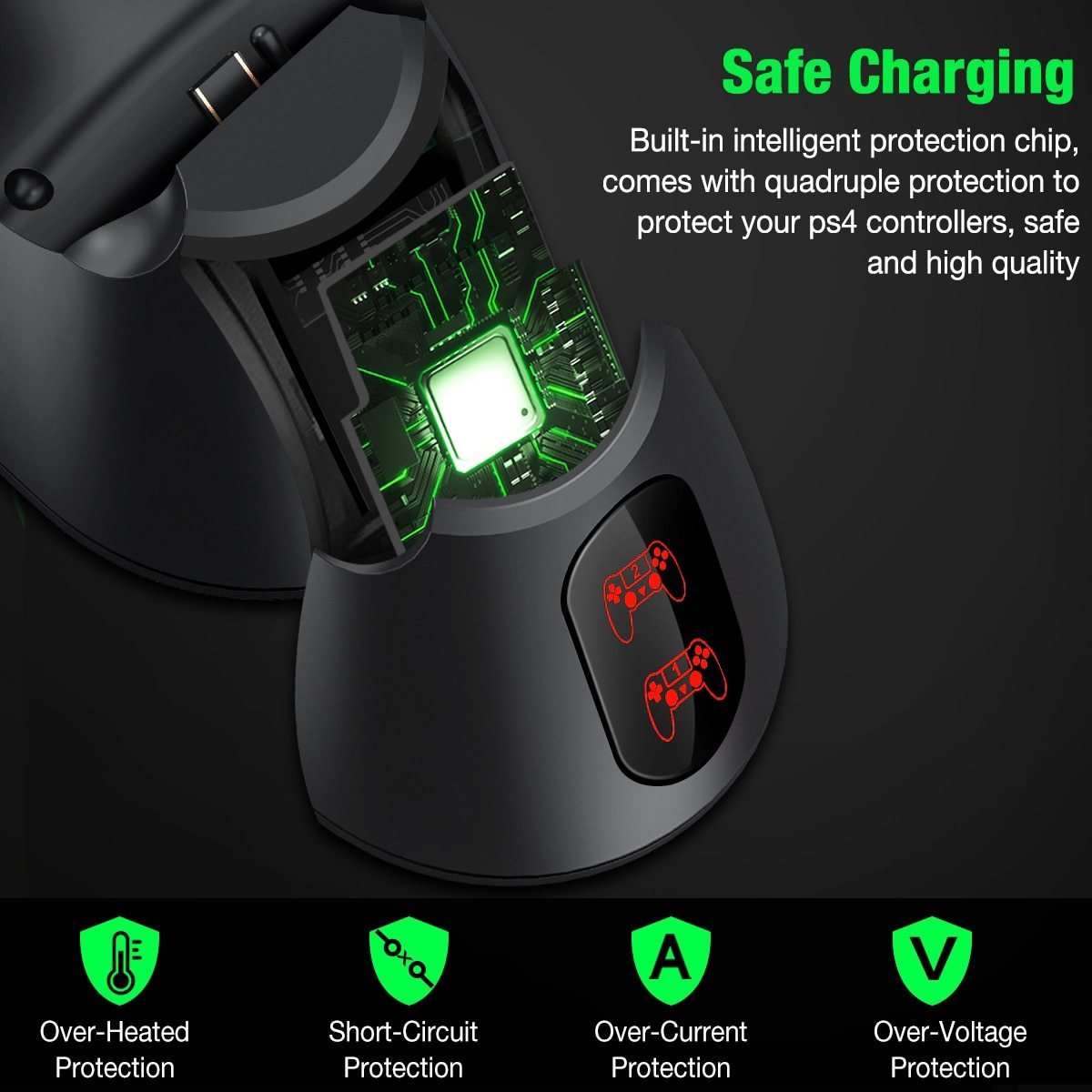 Dualsense Dock for PS4 charging station with two controllers, sleek design and LED indicator.