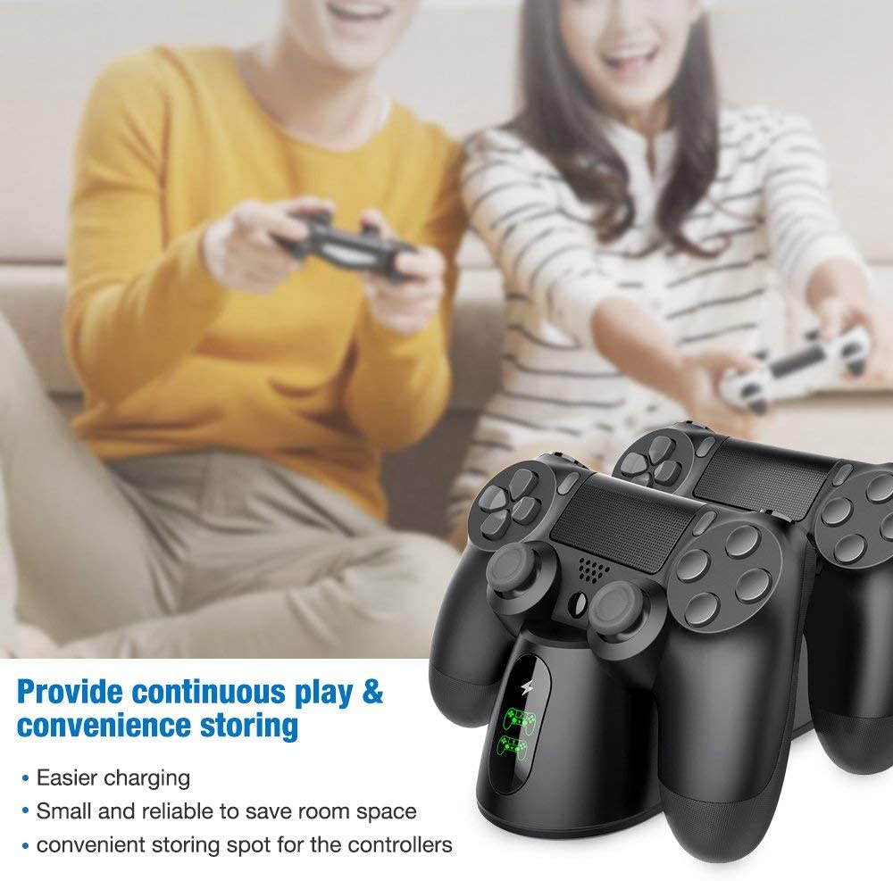 Dualsense Dock for PS4 charging station with two controllers, sleek design and LED indicator.