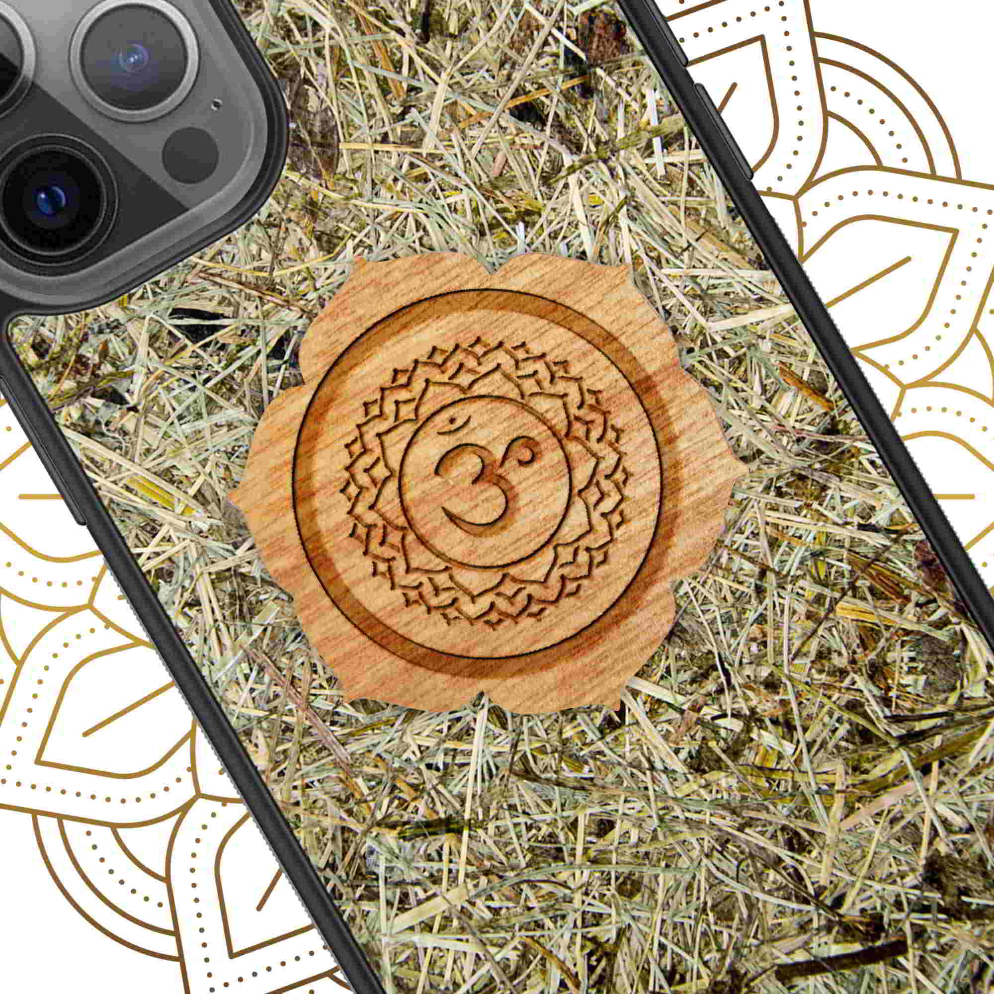 Crown Chakra Yoga phone case made from organic Alpine Hay, showcasing its natural texture and calming aesthetic.