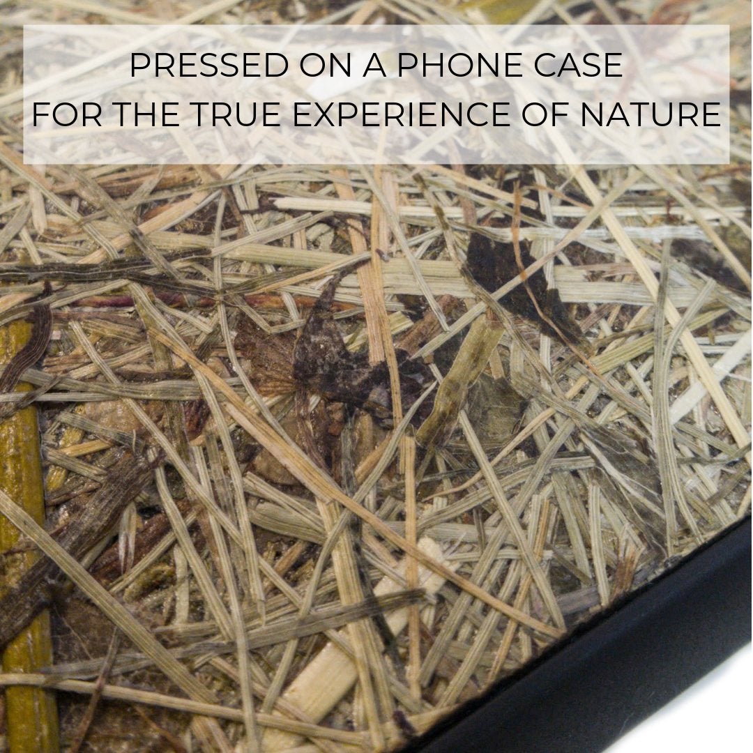 Crown Chakra Yoga phone case made from organic Alpine Hay, showcasing its natural texture and calming aesthetic.