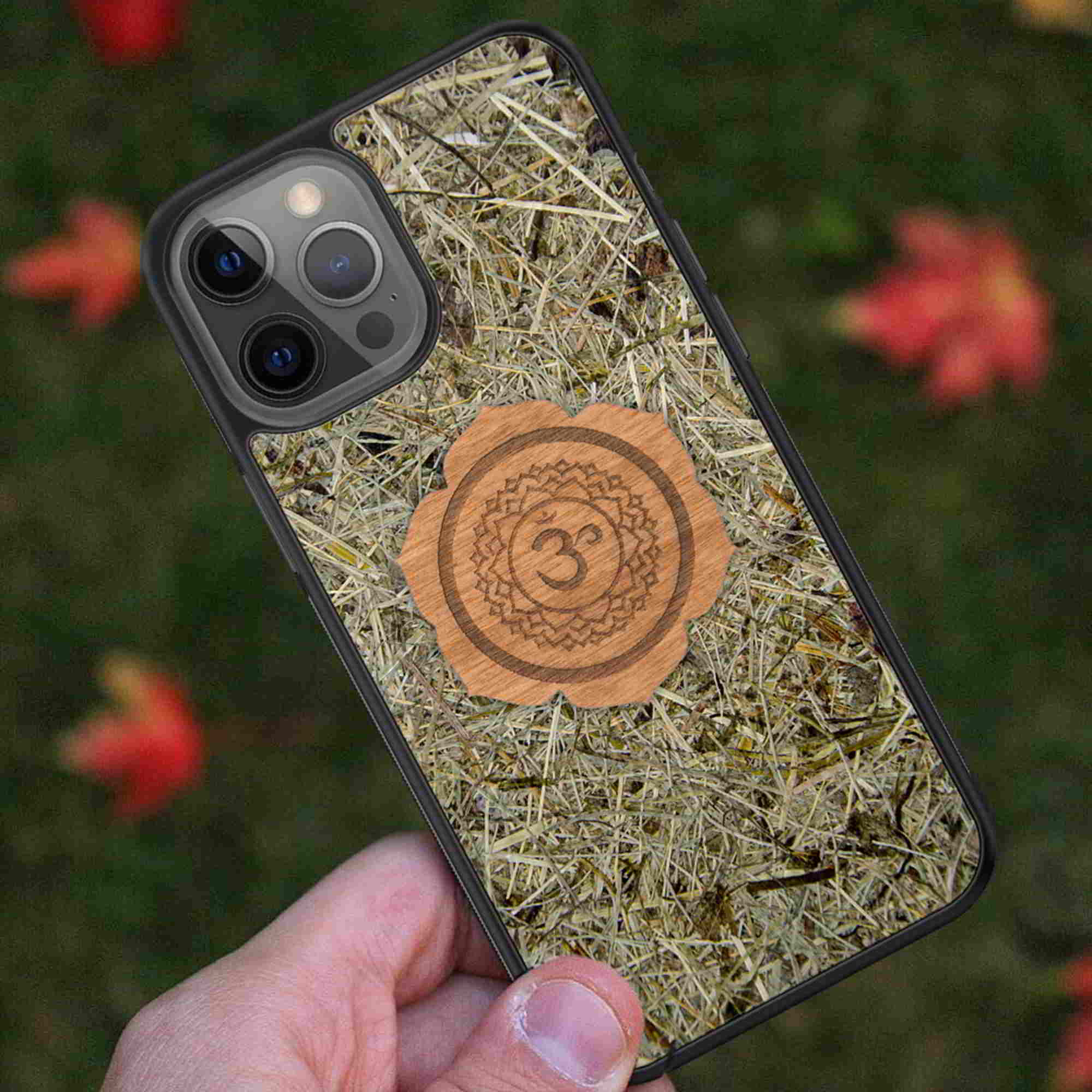 Crown Chakra Yoga phone case made from organic Alpine Hay, showcasing its natural texture and calming aesthetic.