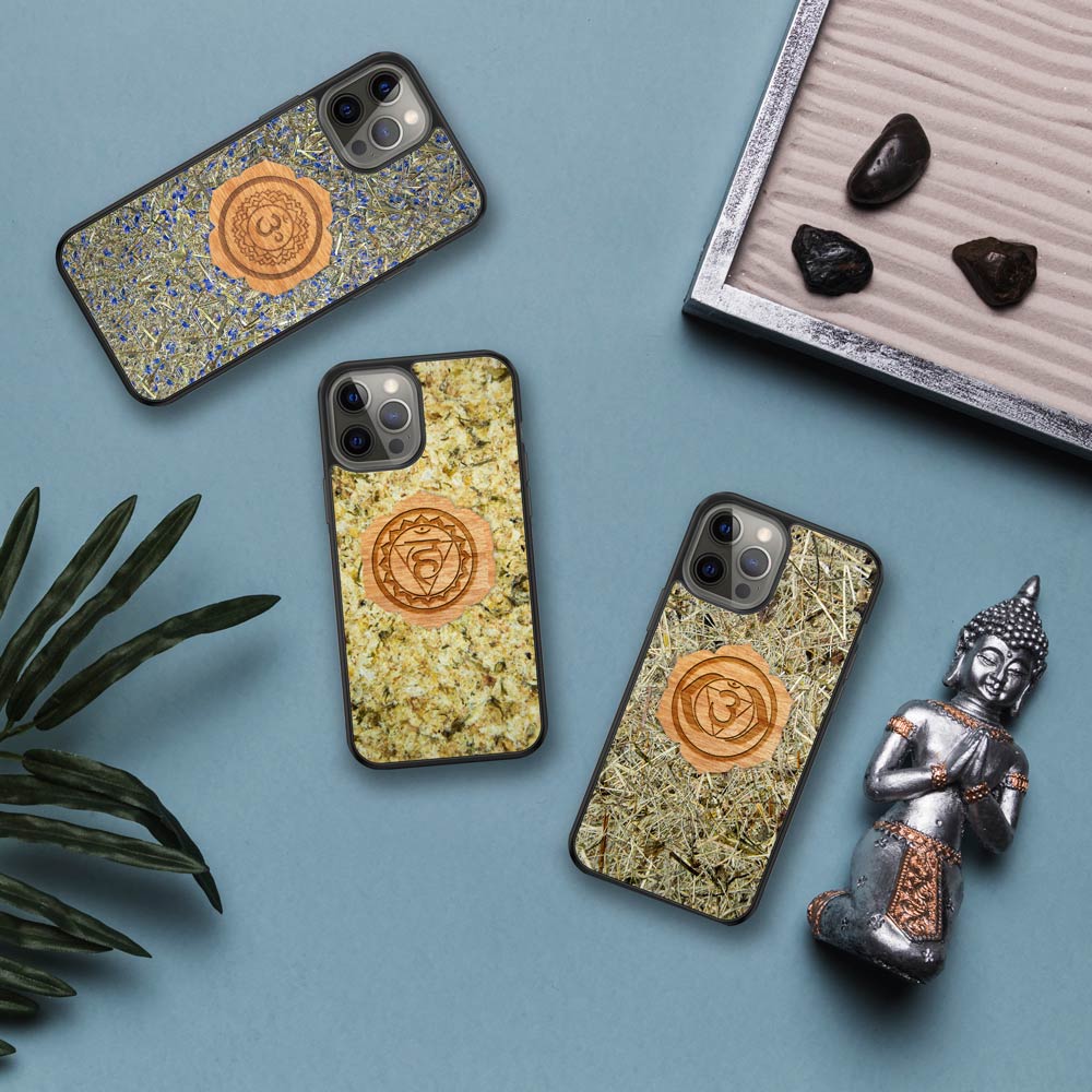 Crown Chakra Yoga phone case made from organic Alpine Hay, showcasing its natural texture and calming aesthetic.