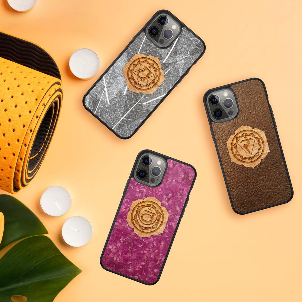 Crown Chakra Yoga phone case made from organic Alpine Hay, showcasing its natural texture and calming aesthetic.