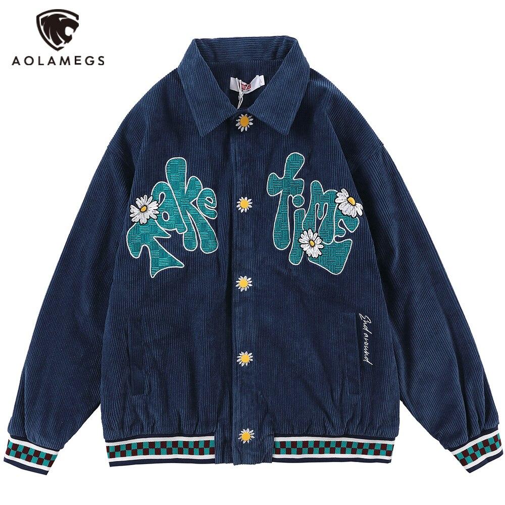 Men's corduroy jacket featuring daisy flowers and letter embroidery, showcasing a loose fit and retro style.