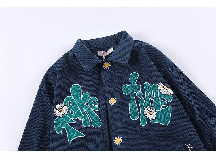 Men's corduroy jacket featuring daisy flowers and letter embroidery, showcasing a loose fit and retro style.