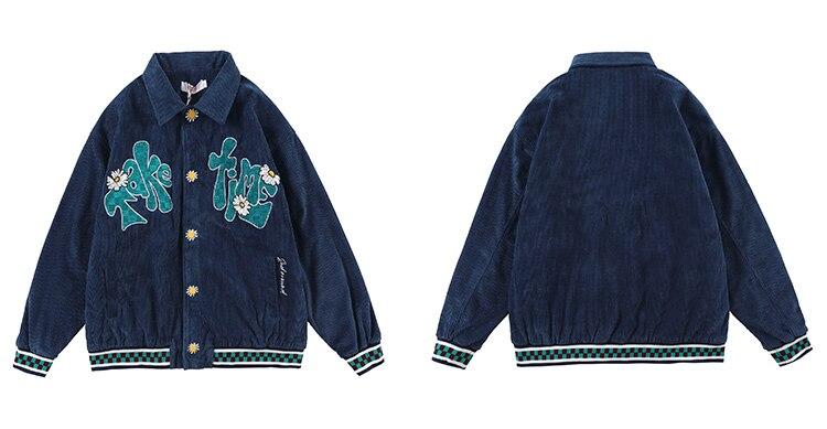 Men's corduroy jacket featuring daisy flowers and letter embroidery, showcasing a loose fit and retro style.