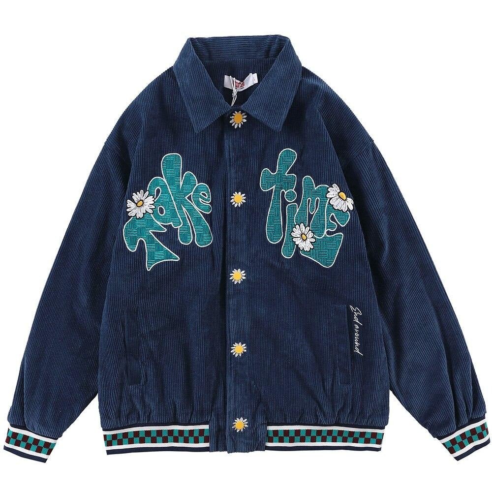 Men's corduroy jacket featuring daisy flowers and letter embroidery, showcasing a loose fit and retro style.