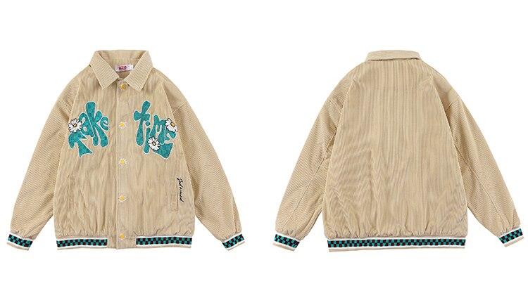 Men's corduroy jacket featuring daisy flowers and letter embroidery, showcasing a loose fit and retro style.