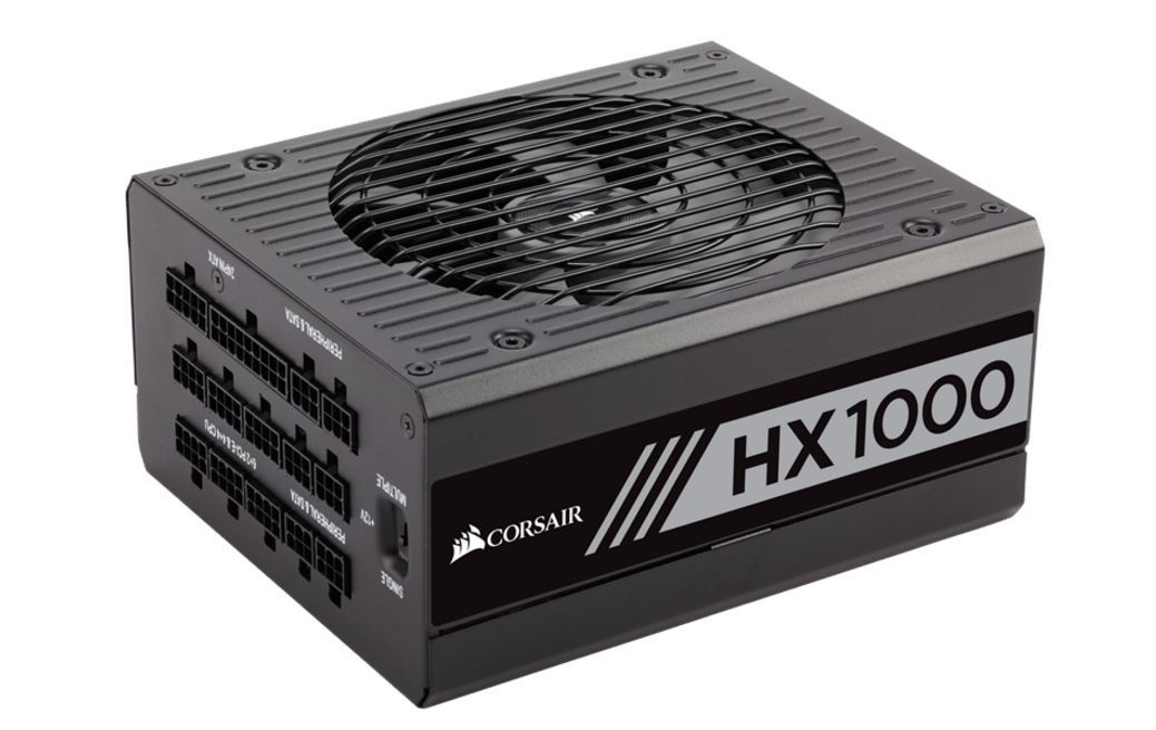 CORSAIR 1000W HX 80+ Platinum power supply with fully modular cables and a 135mm fan, showcasing its sleek design and high-quality components.