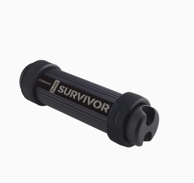 CORSAIR 128GB Survivor Stealth USB3.0 Flash Drive with aluminum casing, designed for military-grade durability and waterproof features.