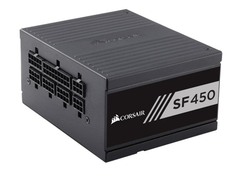 CORSAIR 450W SF 80+ Gold Fully Modular SFX PSU with 80mm fan, showcasing its compact design and high-quality components.