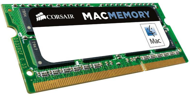 CORSAIR 4GB DDR3 SODIMM memory module designed for Mac notebooks, featuring a sleek design and 204 memory pins.