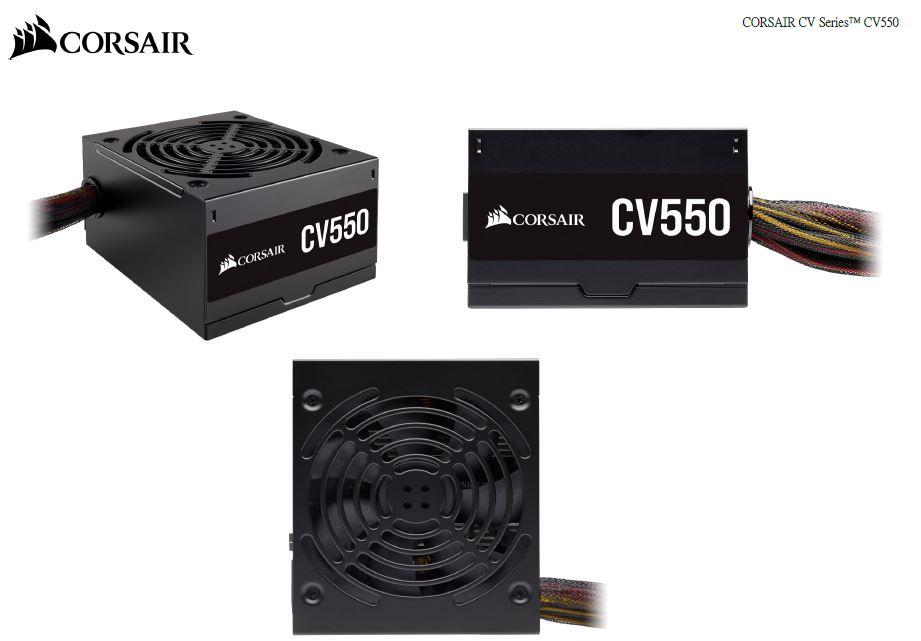 CORSAIR 550W CV Series CV550 power supply unit with black sleeved cables and compact design.