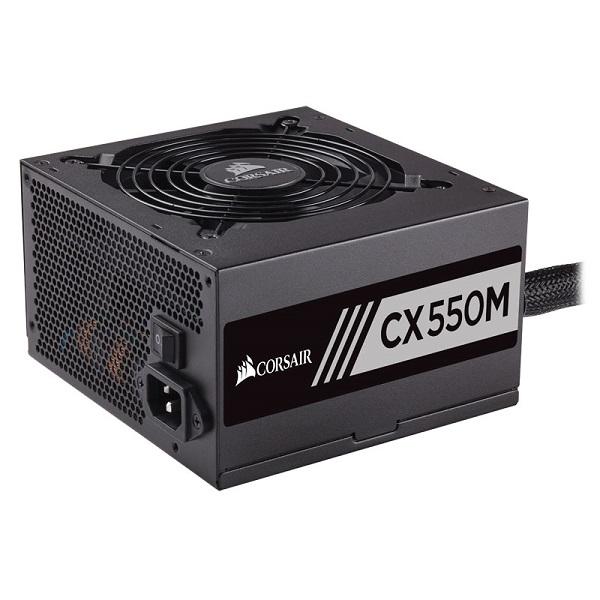 CORSAIR 550W CXM 80+ Bronze Semi-Modular ATX PSU with a 120mm fan, showcasing its sleek black design and various connectors.